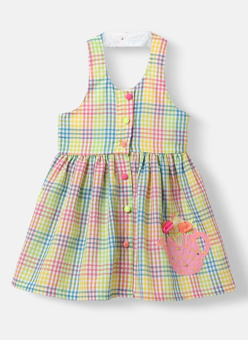 Nautinati Girls' 100% Cotton Chequered & Watering Can Embroidery Fit & Flare Dress with Floral Applique